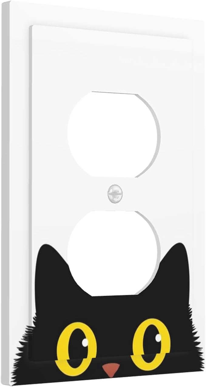 Peeking Cute Black Cat Duplex Wall Plate - 1-Gang Standard US Size Curious Cat Eyes Outlet Covers for Cat Lover Decor