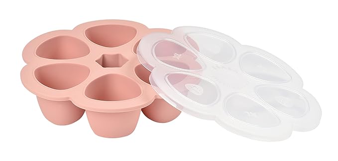 BEABA Multiportions Premium Quality Silicone Baby Food Freezer Tray with Clip On Lid, Baby Food Storage Container Ice Cube Tray Maker, Made in Italy, Rose, 3 oz