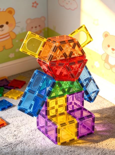 Coodoo 60 PCS Magnetic Building Tiles Kids Toys STEM Magnetic Blocks Sensory Toys Kids Games Magnet Building Toy for Boys and Girls Aged 3+, Kid Brain Development Preschool Kindergarten Toddler Toy