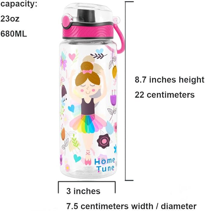 Home Tune Cute Water Bottle for School Kids Girls, BPA FREE Tritan & Leak Proof & Easy Clean & Carry Handle, 23oz/ 680ml (Dancing)