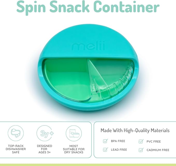 melii Spin Snack Container | 3-Compartment Rotating Snack Box with Sliding Window, BPA-Free, Dishwasher Safe, Portable Snack Container for Kids Ages 3+ (Blue)
