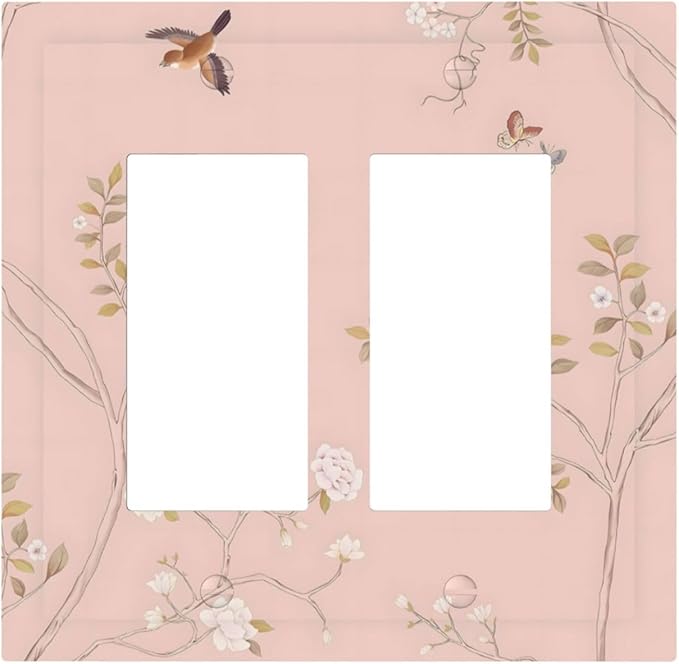 Pink Background Flowers Bird Butterflies Floral Decorative Outlet Covers 2 Gang Double GFCI Rocker Electrical Wall Panels Light Switch Cover Plate for Bedroom Living Room Decor