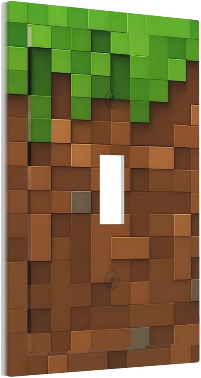 Pixel Style Gamer Themed Grass Block Decorative Light Switch Cover 1 Gang Single Toggle Device Electrical Faceplate Switchplates Decorator Outlet Wall Plate for Kids Room Office Home Decor