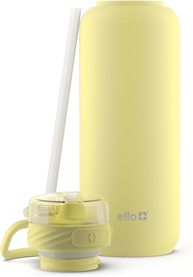 Ello Cooper 32z Stainless Steel Water Bottle with Straw and Carry Handle, Double Walled and Vacuum Insulated Metal, Leak Proof Locking Lid with Soft Silicone Spout, Reusable, BPA Free, Lemonade