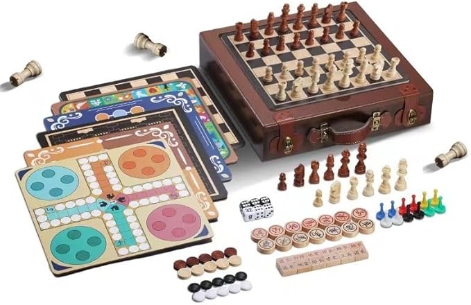 Board Games 12-in-1 Classic Wooden Board Game Set Chess Checkers Backgammon and More Premium Multi-Game Collection