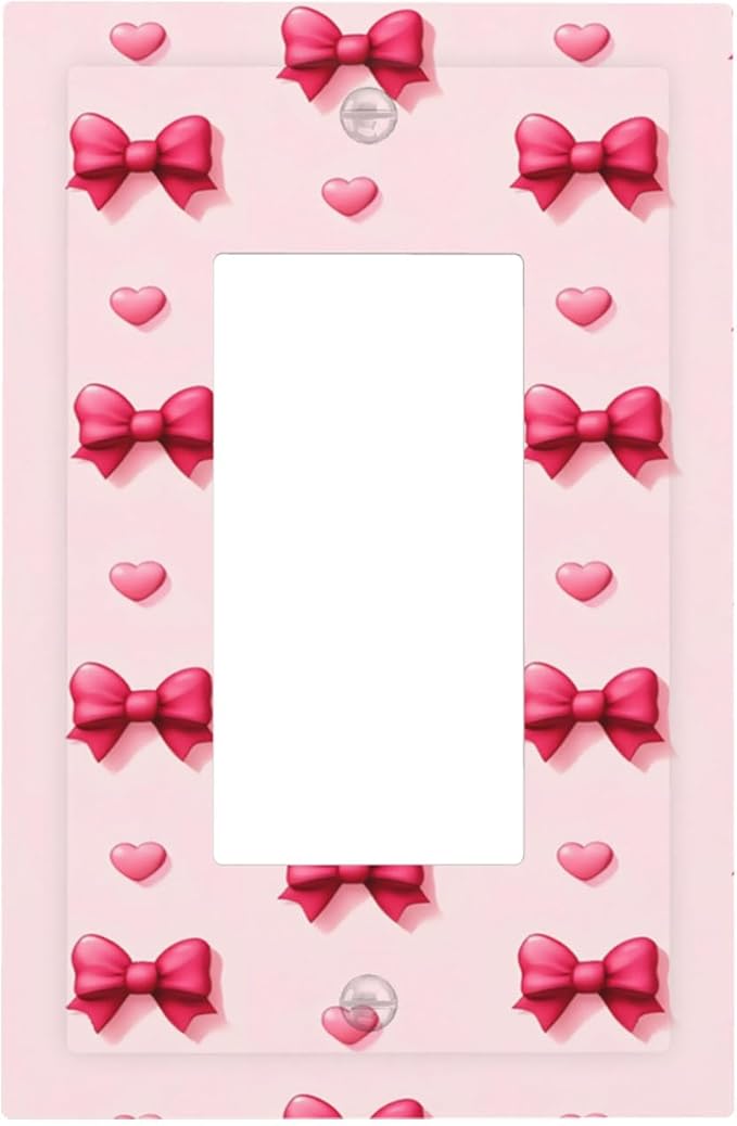 Pink Bow & Heart Single Rocker Switch Cover - 1-Gang Standard US Size Preppy Coquette Light Switch Covers, Sweetheart Girly Pattern for Girls Room