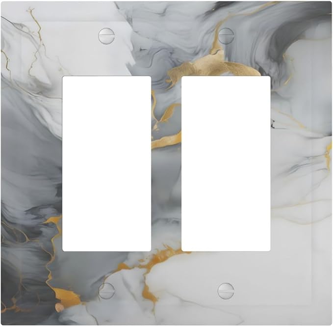 Gold Marble Grey Art Abstract Luxury Print Decorative Outlet Covers 2 Gang Double GFCI Rocker Electrical Wall Panels Light Switch Cover Plate for Kitchen Bathroom Decor
