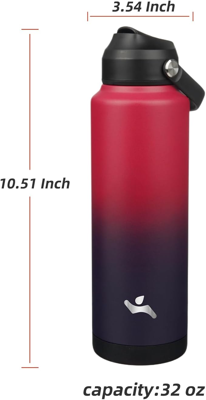 Konokyo Insulated Water Bottle with Straw Lid,40 oz Stainless Steel Vacuum Metal Bottle with Silicone Handle,Rosy Red