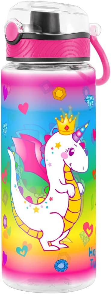 Home Tune Cute Water Bottle for School Kids Girls, BPA FREE Tritan & Leak Proof & Easy Clean & Carry Handle, 23oz/ 680ml (Dragon)