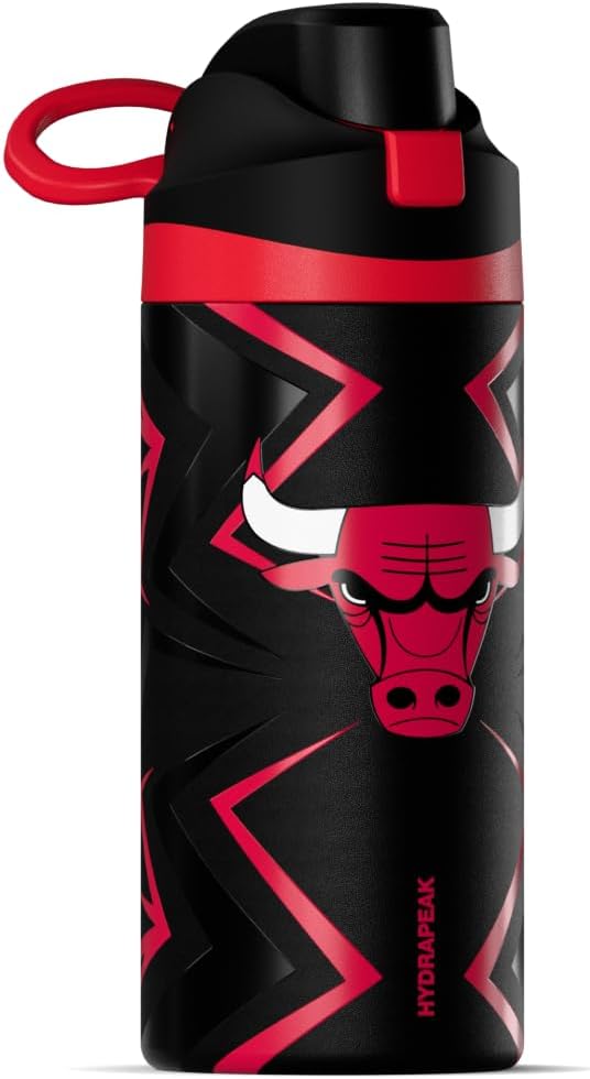 Hydrapeak x NBA Officially Licensed Chicago Bulls Oasis 20 oz Insulated Kids Water Bottle, Stainless Steel Water Bottle Kids with Chug Lid, Push Button