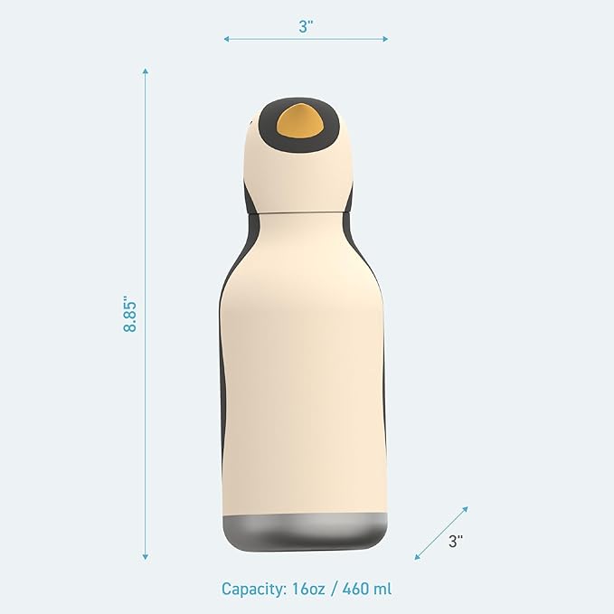 asobu Bestie Bottle Insulated Stainless Steel Water Bottle with Detachable Soft Animal Head Fun Drinking For Kids and Teens with Flexible Reusable Straw 16 Ounce (Penguin)