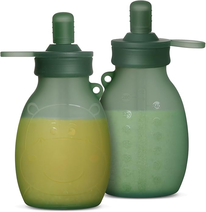 haakaa Hippo Wide Opening Silicone Goody Pouch – 9oz/260ml Reusable Pouches for Toddlers, Baby Food Pouches with Wide Opening for Easy Fill & Clean, Perfect for Purees & Smoothies, 2 Pack