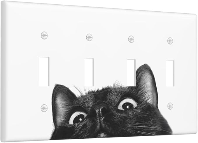 Peeping Black Cat Cute Animals Light Switch Covers Quad Toggle Electrical Faceplate 4 Gang Wall Plate Decorative Switch Plates for Kids Room Home Decor
