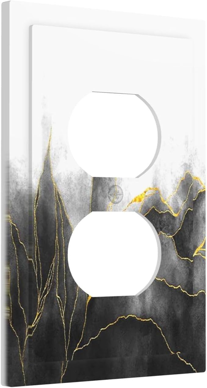 Outlet Covers Black And Gold Marble White Golden Leaves 1 Gang Duplex Electrical Receptacle Faceplate Light Switch Cover Wall Plate Decorative Switch Plates for Bedroom living Room Decor