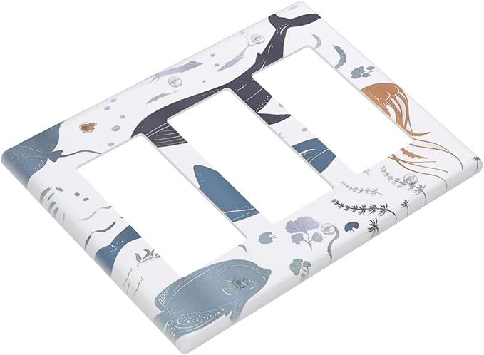 Kids Sea Animal Decorative Triple Rocker Light Switch Covers 3 Gang Outlet Wall Plate Cover Decorative Switchplate Faceplate GFCI for Nursery Kidsroom Bedroom Decor