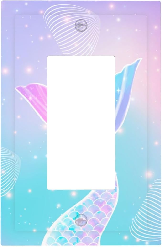 Mermaid Single Light Switch Cover Plate Rainbow Tail Scales Jelly Fish 1 Gang Rocker Outlet Covers Decorative Electrical GFCI Wallplate for Nursery Girls Boys Room Kids Room Décor