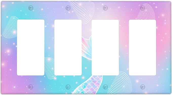 Mermaid 4 Gang Light Switch Cover Rainbow Tail Scales Jelly Fish Quad Rocker Outlet Covers Switchplates Wall Plate Decorative Electrical Faceplate for Nursery Girls Boys Room Kids Room
