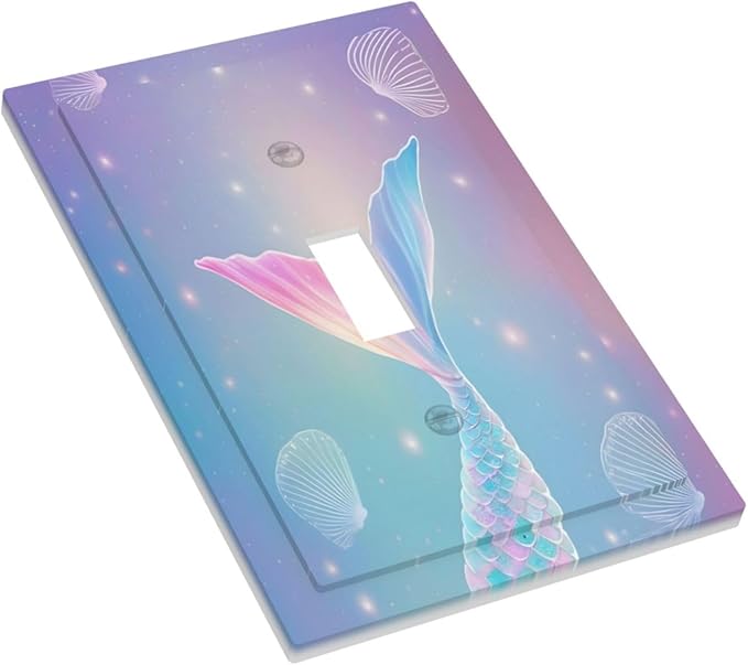 Cute Mermaid Pink Tail Scales Shells Colorful Ocean Decorative Light Switch Cover 1 Gang Single Toggle Device Electrical Faceplate Switchplates Decorator Outlet Wall Plate for Kids Room Nursery Decor