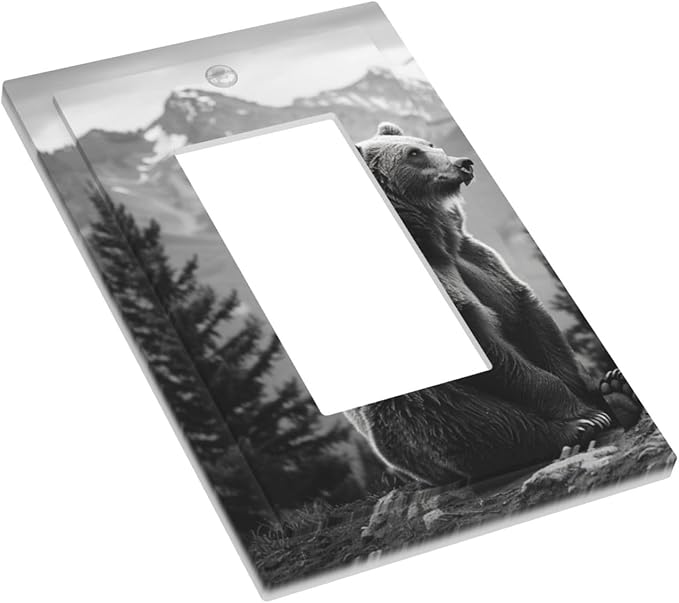 Light Switch Cover Plate Black White Bear Mountain Pine Trees Wilderness 1 Gang Outlet Covers Single Rocker Decorative Switch plates Electrical Wall Plates GFCI Receptacle for Bathroom Bedroom