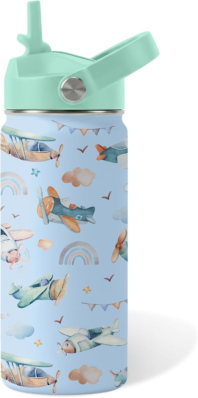 Airplane Gifts - 16oz Kids Blue Airplane Water Bottle with Straw Lid, Stainless Steel Insulated Tumbler, Leakproof, BPA-Free, for Boys, School, Travel - Helicopter Pilot Lovers Birthday Gift Cup (1pc)