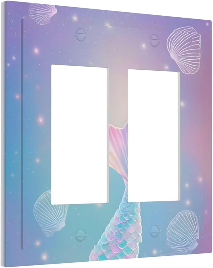 Cute Mermaid Pink Tail Scales Shells Colorful Ocean Decorative Outlet Covers 2 Gang Double GFCI Rocker Electrical Wall Panels Light Switch Cover Plate for Kids Room Nursery Decor