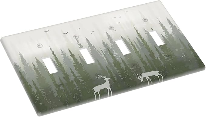 Green Pine Tree Deer Country forest Bird Nature Mist Light Switch Covers Quad Toggle 4 Gang Wall Plate Decorative Switch Plates Electrical Faceplate for Bedroom Home Decor