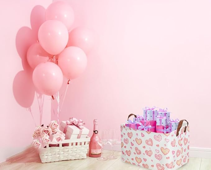 Essme Rectangular Pink Basket Gift Storage Box,Heart Storage Bins Organizer with Handles for Girls Room Decor, Valentine's Day Basket,Shelf Basket,Toy Organizer(Dreamy Heart)