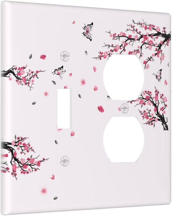 Pink Watercolor Cherry Blossom Flowe Tree Branch Floral Wallplates 1 Toggle 1 Duplex Switch Plate Electrical GFCI Faceplate Decorative Light Switch Covers for Bedroom Living Room Decor