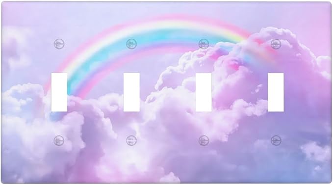 Rainbow in the Clouds Quad Toggle Wall Plates Decorative Pink Art Panel 4 Gang Light Switch Cover Purple Cloud Electrical Switchplate Faceplate Cute Dimmer for Bedroom Kidroom Nursery Decor