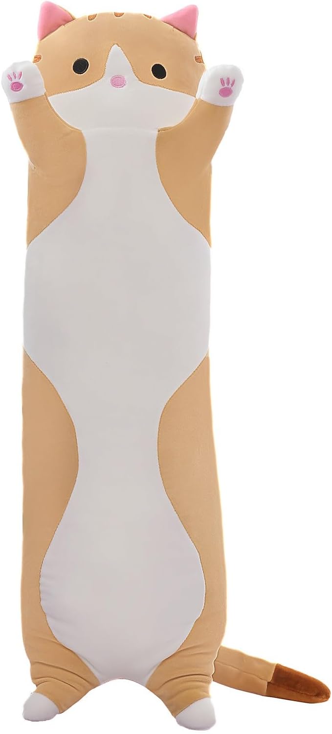 Cute Cat Plush Long Body Pillow – Soft Cartoon Stuffed Animal Doll, Kawaii Cat Plushie Cuddle Toy for Kids, Girls & Girlfriend (Brown, 43.3 Inch)