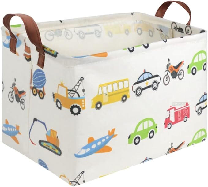 FXOLCSHE Rectangular Car basket,Car toy storage box,Collapsible Car Storage basket for boys,Waterproof PE Coating Storage,bedroom decor,Nursery hamper,Toy Organizer,Gift Basket(Vehicles)