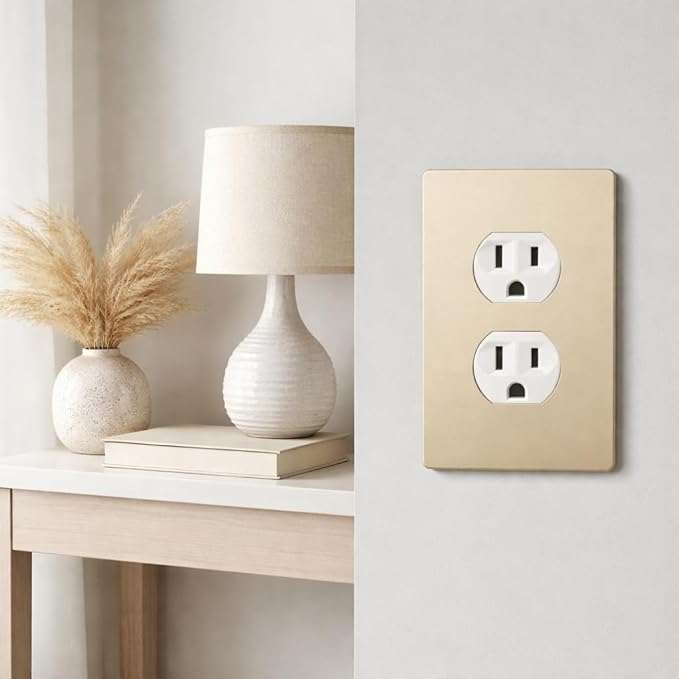 Bates- Screwless Duplex Wall Plate, Standard Size, 4.68" x 2.9", 6 Pack, Gold, 1-Gang Child Safe Receptacle Outlet Cover, Unbreakable Polycarbonate Thermoplastic