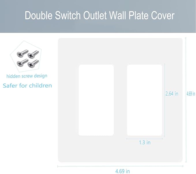 2-Gang Screwless Decorator Wall Plate Cover Double Switch Outlet Electrical Faceplate for Light Switch, Smart Switch, Receptacle, Dimmers, USB Outlet, GFCI, Child Safe Cover Plate, White (4-Pack)