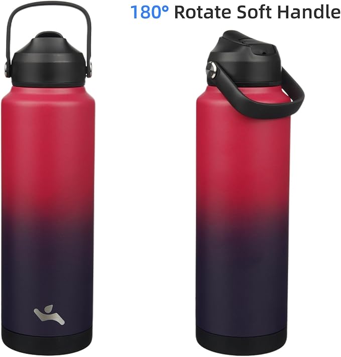 Konokyo Insulated Water Bottle with Straw Lid,40 oz Stainless Steel Vacuum Metal Bottle with Silicone Handle,Rosy Red