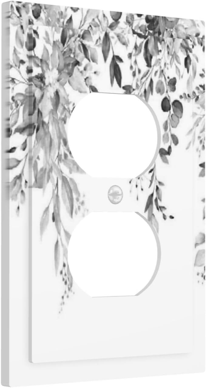 Outlet Covers Grey Floral Plant Eucalyptus Leaf Flower 1 Gang Duplex Light Switch Cover Decorative Switch Plates Electrical Receptacle Faceplate Wall Plate For Bed Room Living Room Decor