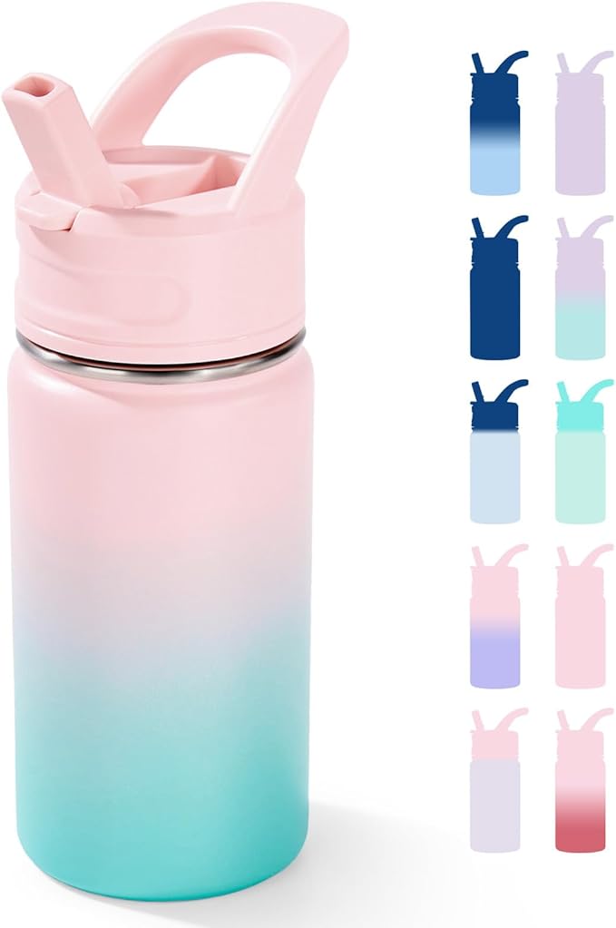 Fijinhom 12oz Kids Water Bottle for School, Toddler Bottles with Straws, Stainless Steel Vacuum Insulated Water Bottle for Boys&Girls, Leak-Proof, BPA-Free, Bubble Gum
