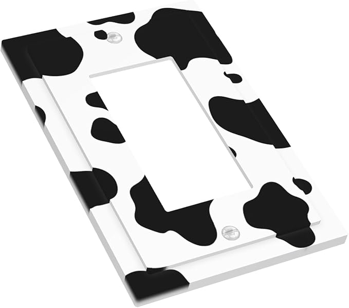 Cow Print Single Rocker Switch Cover - 1-Gang Standard US Size Farmhouse Cowhide Light Switch Covers, Black & White Rustic Animal Print for Country Homes