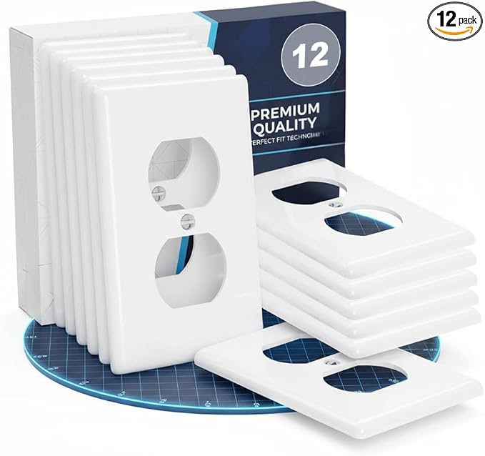 Bates- Duplex Receptacle Outlet Wall Plate, 4.5" x 2.75"/Standard Size, 12 Pack, White, Bulk 1-Gang Electrical Outlet Covers, Impact Resistant, UV Protection