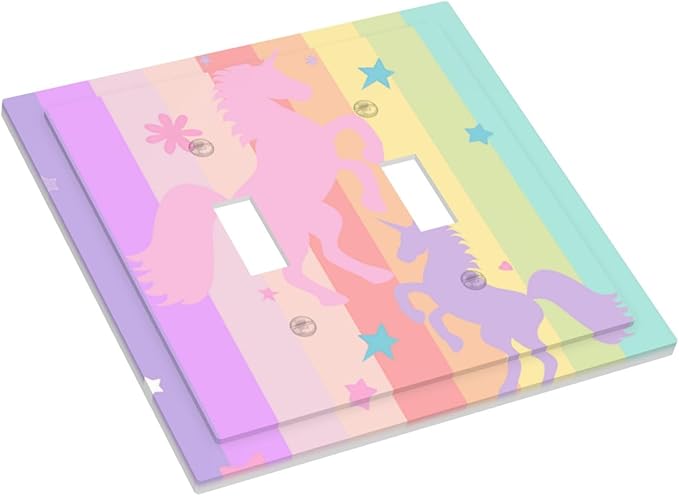 Cute Purple Pink Rainbow Unicorn 2 Gang Light Switch Cover Double Toggle Wall Plate Decorative Electrical Switchplate Covers Faceplate for Nursery Girls Boys Room Kids Room Decor