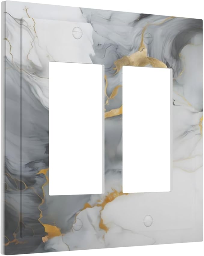 Gold Marble Grey Art Abstract Luxury Print Decorative Outlet Covers 2 Gang Double GFCI Rocker Electrical Wall Panels Light Switch Cover Plate for Kitchen Bathroom Decor