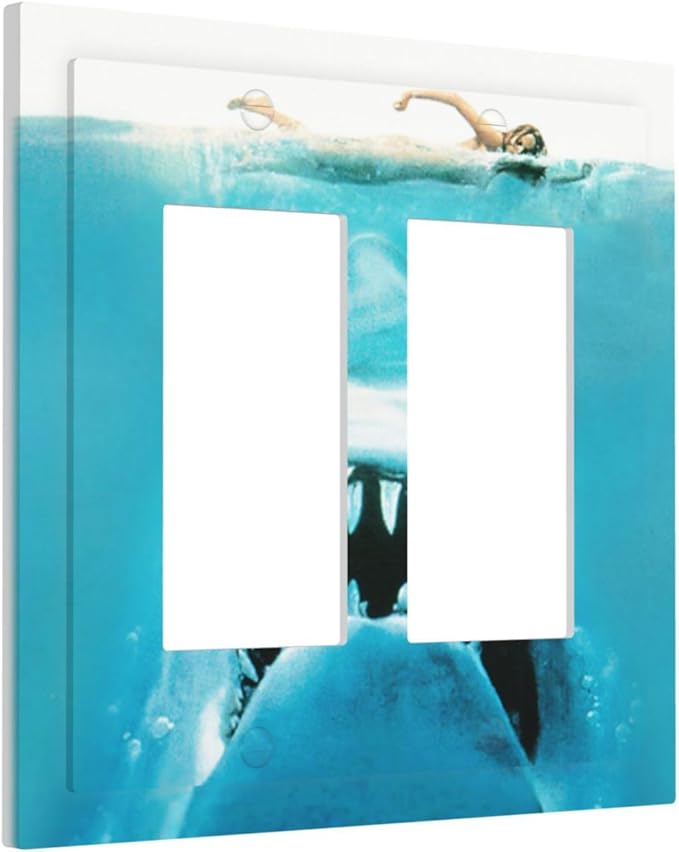 Beach Shark Oceanjaws Movie Vintage Look Decorative Outlet Covers 2 Gang Double GFCI Rocker Electrical Wall Panels Light Switch Cover Plate for Bathroom Kids Room Decor