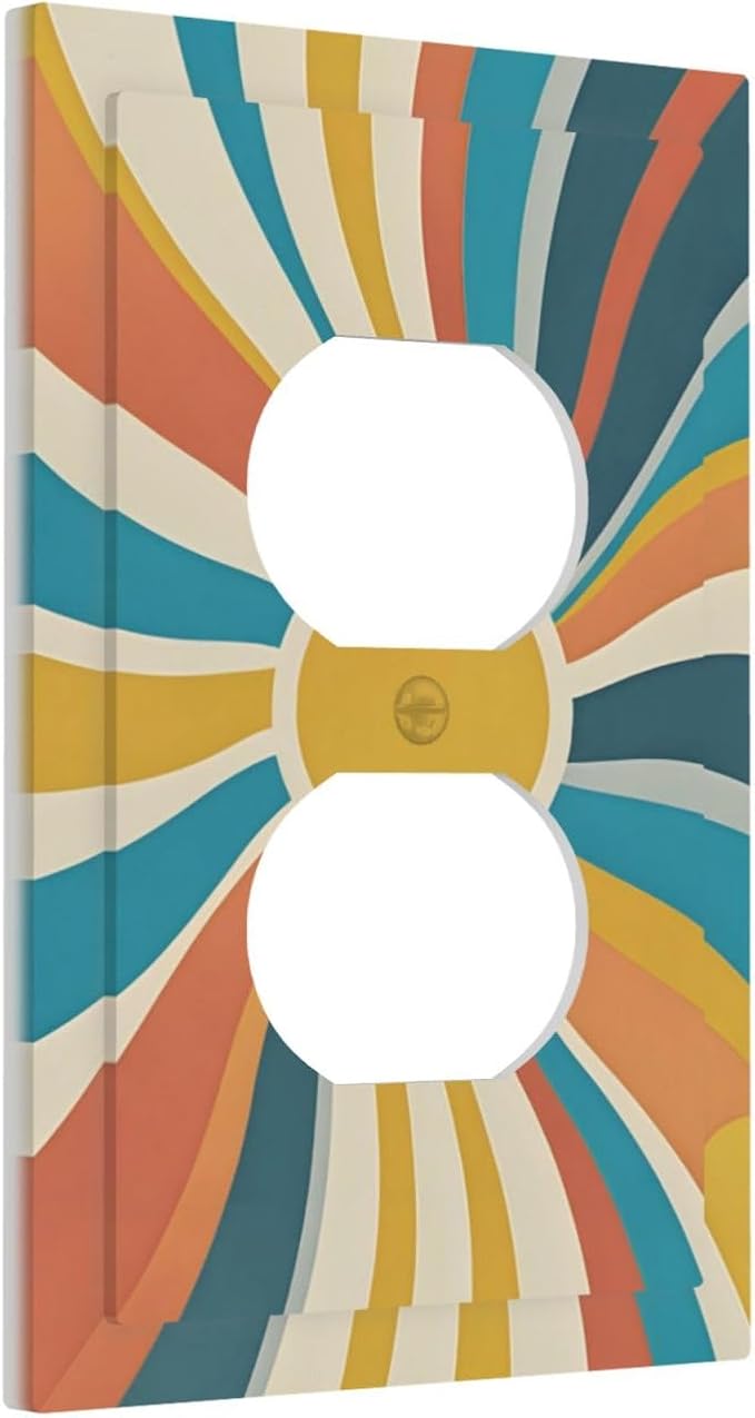 Decorative Outlet Covers with Retro Mid-Century Modern Sunburst Motif Design 1 Gang Duplex Light Switch Cover Plate Unique Wall Plates Switchplate Cover for Abstract Teal/Yellow/Orange Wall