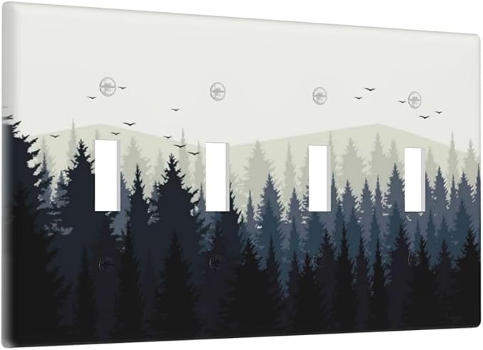 Light Switch Covers Forest Pine Tree Mountains Black Bird Quad Toggle Electrical Faceplate 4 Gang Wall Plate Decorative Switch Plates For Bed Room Farmhouse Decor