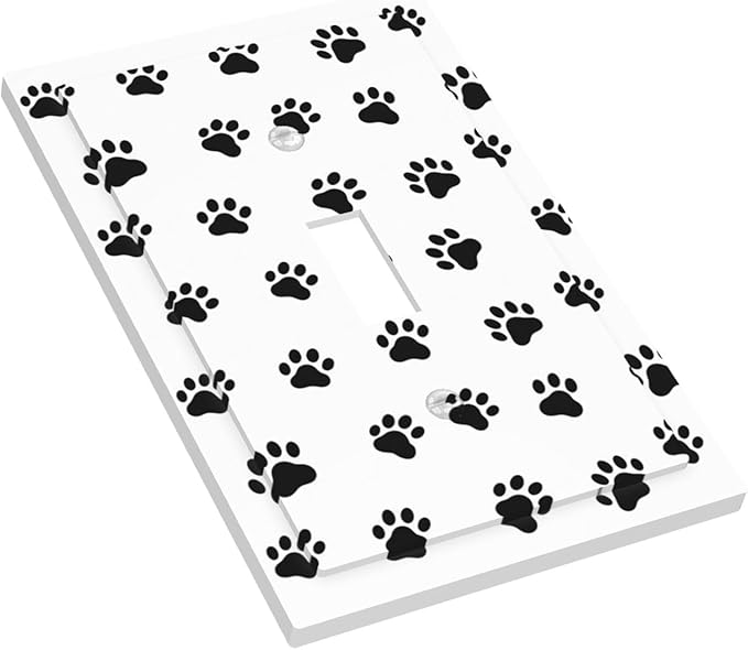 Black and White Dog Paw Print 1-Gang Toggle Light Switch Plate, Puppy Paws Decorative Wall Plate for Pet Lover's Home Decor