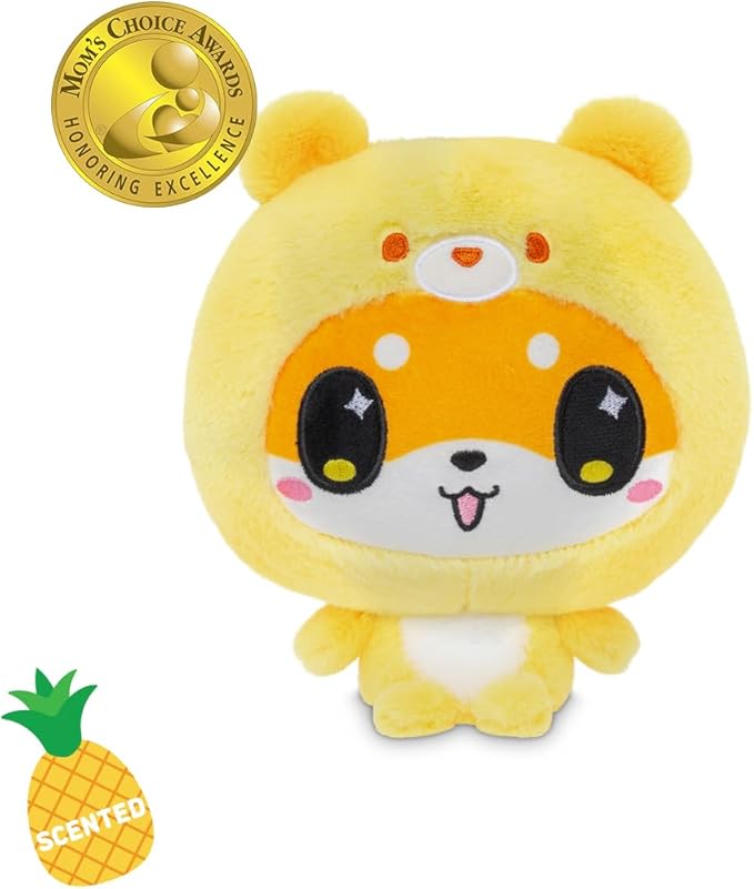 TeeTurtle Cloudheads Mochi The Shiba Inu Dog Plush - 5-Inch Pineapple Cake Scented Teddy Berries Stuffed Animal with Embroidered Details - Soft Cuddly Plush Toys for Kids, Teens, and Adults