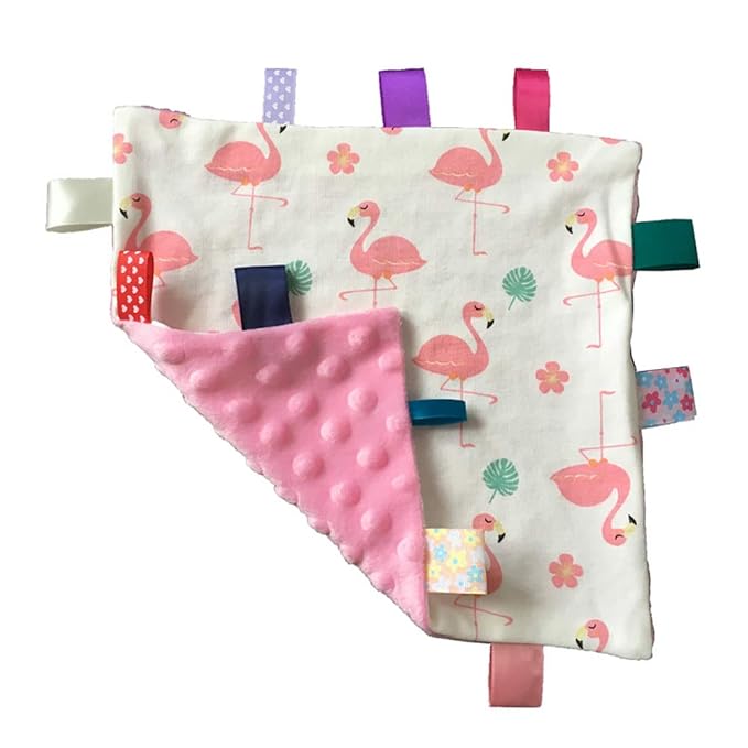 Soft Baby Security Blankets for Girls with Textured Ribbon Tags Baby Soothing Towel Lovey Taggy Sensory Blanket for Newborn Infant Toddler Gift Pink