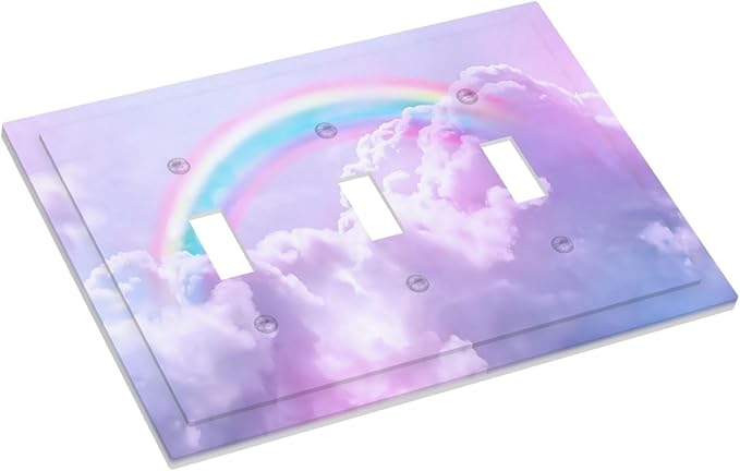 Rainbow in the Clouds Triple Toggle Wall Plates Pink Art Panel 3 Gang Light Switch Cover Decorative Purple Cloud Electrical Switchplate Faceplate Cute Dimmer for Bedroom Kidroom Nursery Decor