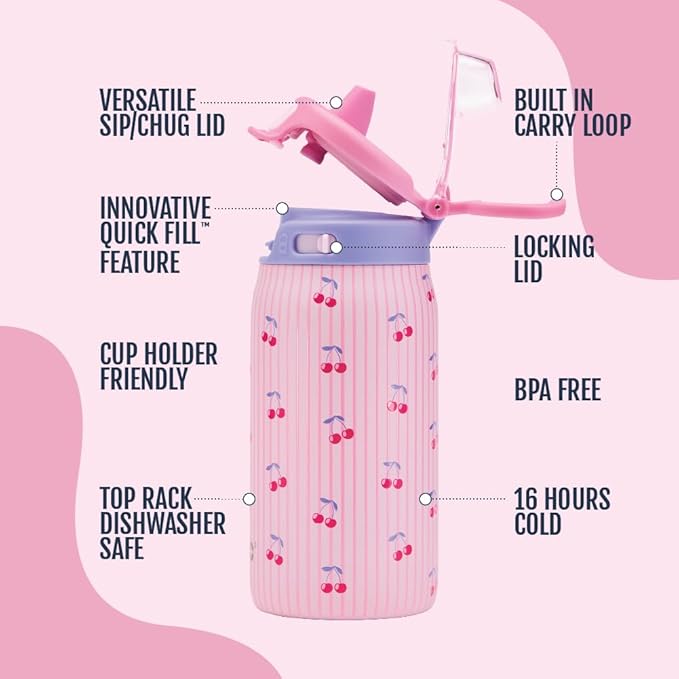 Ello Kids Pop & Fill 12oz Toddler Water Bottle with Quick Fill Lid, Double-Wall Vacuum Insulated Stainless Steel, Leak Proof, BPA Free, Sip & Chug, For School, Lunchboxes, Preppy Cherries
