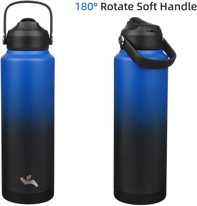 Konokyo Insulated Water Bottle with Straw Lid,40 oz Stainless Steel Vacuum Metal Bottle with Silicone Handle,Black Blue