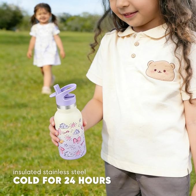 12oz Kids Water Bottle – Insulated Stainless Steel Bottle with Straw Lid, BPA-Free, Leak-Proof, for Toddlers & School Use